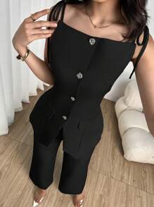 Modelyn 2 pezzi Set da donna, top a canottiera corto verde chiaro annodato e pantaloni a gamba larga