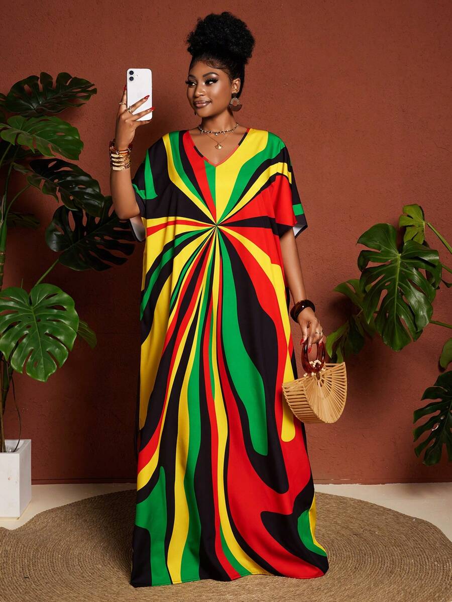Maweii Damen Große Größen Kleid mit Muster im Lässig Loose Kurzarm Stil - Verschiedenfarbig - Übersicht 1