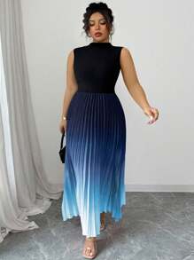 Elenzga Sleeveless High Neck Pleated Gradient Floral Print Plus Size Dress - Blue - View 5