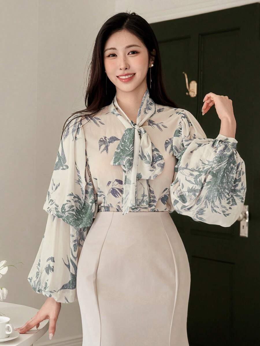 DAZY 女士优雅花卉泡泡袖灯笼袖领结衬衫，春季、秋季女装长袖上衣