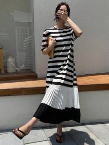 DAZY 春季宽松休闲条纹长连衣裙，女士夏季连衣裙 - 黑色 - 查看 8