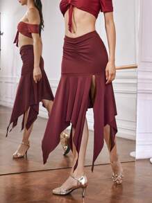 Menodora SHEIN Sport 女士纯色荷叶边下摆开叉运动裙和短裤 - 酒紅色 - 查看 3