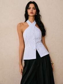 Poéselle Women Striped Single-Breasted Halter Neck Tank Top For Summer - Blue and White - View 6