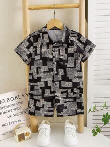 Mirajuku Set de 2 prendas para niños pequeños: camisa de manga corta con cuello y estampado floral, y pantalones cortos casuales para exterior, conjunto de verano - Negro - Ver 3