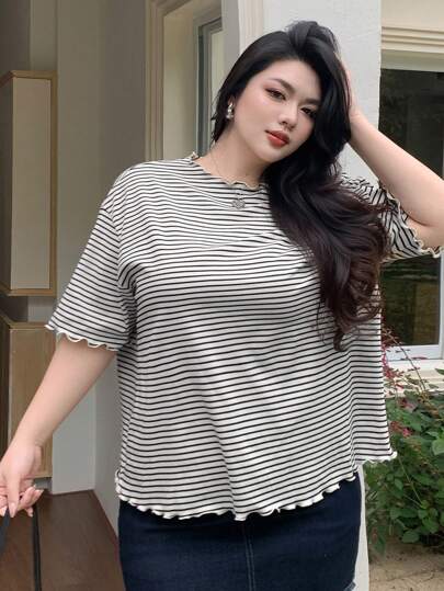 DAZY Plus Size Striped Short Sleeve Black And White Summer T-Shirt Preppy Tops