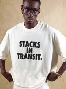 SUMWON Casual Stacks In Transit Text Graphic Boxy T-Shirt Loose Fit Summer Urban Streetwear Statement Modern Minimalist Lightweight Cotton Essential