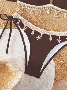 Swim Mod Spring Break Solid Textured Seashell Drawstring Decorated Halter Bikini Top And Drawstring Bottoms, Summer Beach Party Swimsuits For Women - Coffee Brown - View 4