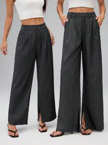SHEIN Tall Pantaloni largi pentru femei, pantaloni de costum, pantaloni negri casual, pantaloni largi pentru femei, primăvara și toamna - Gri inchis - Vizualizare 8
