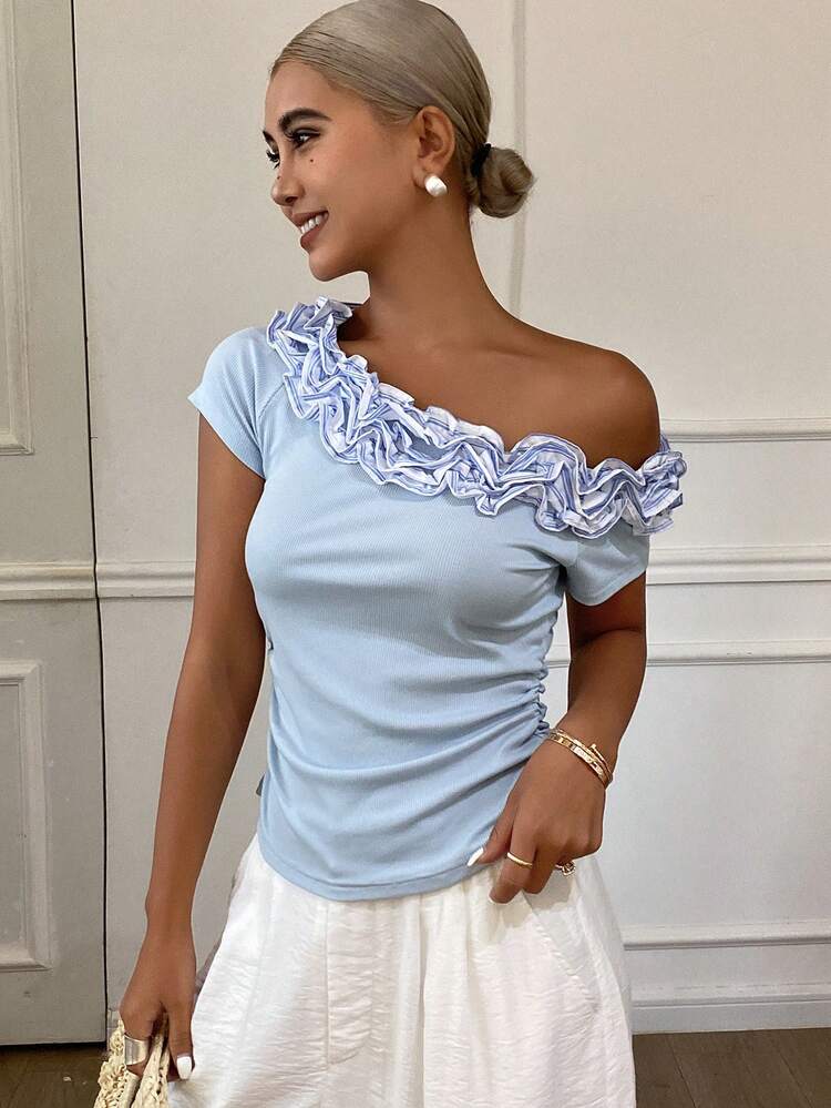 Women Casual Patchwork Striped Pleated Ruffle Trim Slim Fit Asymmetrical Neck Short Sleeve Tee Shirt For Summer Asymmetrical Shoulder Top Off The Shoulder