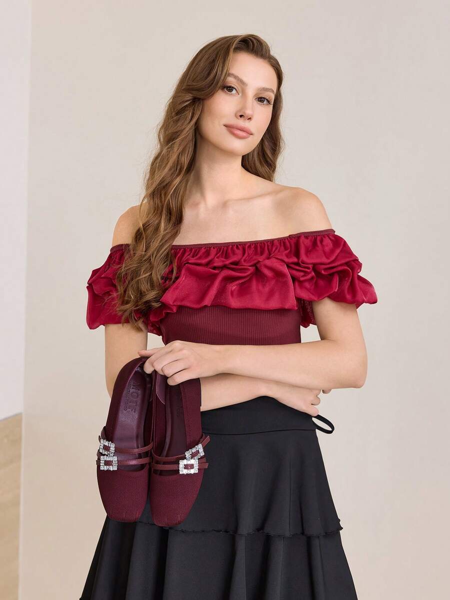 MOTF PREMIUM PU 皮革水钻装饰平底鞋 - 酒紅色 - 查看 2