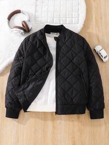 SHEIN Tween Boy Letter Patched Detail Teddy Lined Zipper Up Padded Coat Kids Black Quilted Bomber Jacket Boys Black Quilted Jacket Black Bomber Jacket Kids Boys Quilted Jacket Kids Black Jacket Kids Bomber Jacket Boys Quilted Bomber Jacket Boys Lightweight Jacket Kids Zip Up Jacket Toddler Boy Jacket Boys Kids Boys Teen Boys First Day Of School Tween Boys Mommy And Me For Kids Winter Autumn Fall - Black - View 2