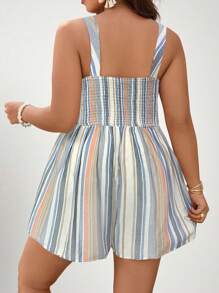 SHEIN VCAY 加大码竖条纹扭纹前开襟无袖宽松休闲镂空连体裤，适合夏季 - 彩色 - 查看 2