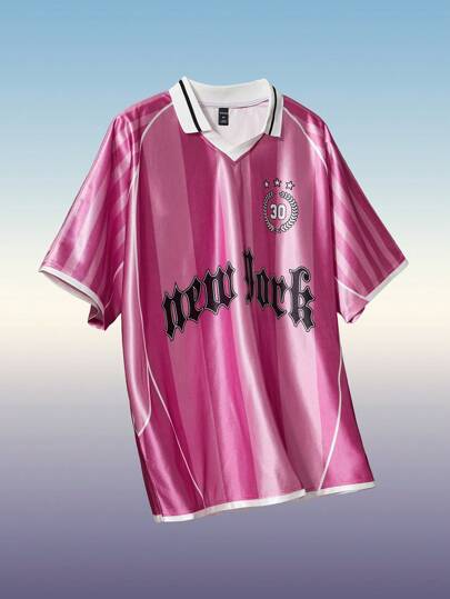 Prep Herren Sommer Buchstaben Gestreift Kurzarm Lässiges Loose Poloshirt