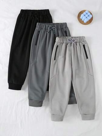 SHEIN Genkimix Kids 3pcs Young Boys' Tie Waist Zip Pockets Tapered Casual Sweatpants Chic Outfits For Autumn/Winter Fall
