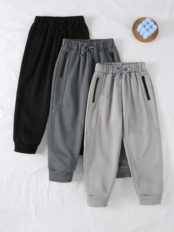 3pcs Young Boys' Tie Waist Zip Pockets Tapered Casual Sweatpants