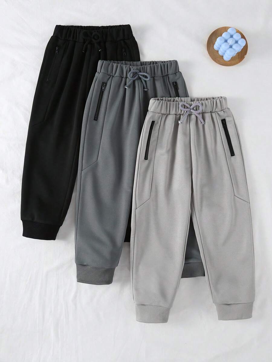 SHEIN Genkimix Kids 3pcs Young Boys' Tie Waist Zip Pockets Tapered Casual Sweatpants Chic Outfits For Autumn/Winter Fall