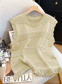 Franclia 纹理拼布贝壳边流苏下摆无袖蓝色针织上衣，适合春夏季休闲风格