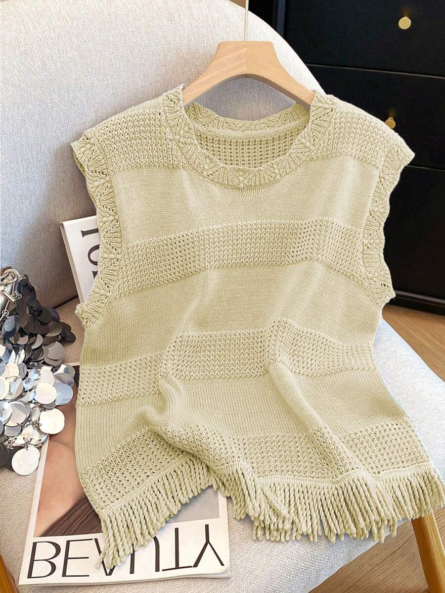 Franclia 纹理拼布贝壳边流苏下摆无袖蓝色针织上衣，适合春夏季休闲风格