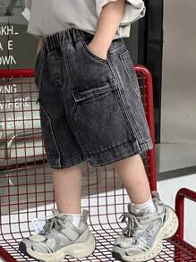 Dazy Kids 小男孩松紧腰口袋宽松休闲牛仔短裤，秋装 - 灰色 - 查看 6