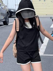 DAZY 青少年女孩休闲撞色装饰连帽背心和短裤套装，夏季，返校服装 - 黑色 - 查看 3