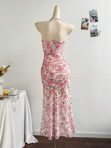 Soleia Resort Pale Yellow Ruched Bandeau Asymmetrical A-Line Long Dress - Pink - View 2