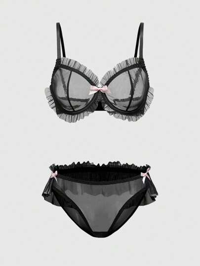 Gothic Dark Bowknot Ruched Mesh Underwire Bralette & Thong Lingerie Set, Sexy