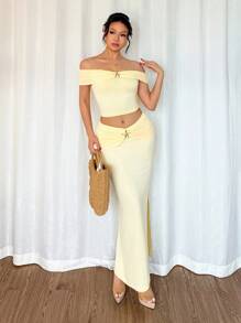 Rafferiza Women's Summer Solid Color Ruffle Off Shoulder Crop Top And Bodycon Midi Skirt 2-Piece Set, Fashionable - Yellow - View 6
