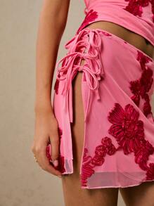 Poéselle 女士花卉提花侧系带时尚迷你裙 - 玫紅色 - 查看 6