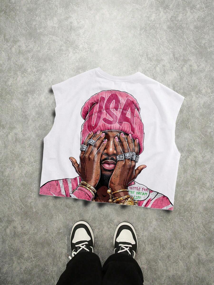 Manfinity ZONE917 宽松短款街头嘻哈大图案背心，适合夏季