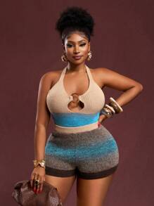 Veslaya 2 Pieces Set: 2025 Summer Beach Music Festival Gradient Plus Size Women Knit Hollow-Out Sexy Camisole And Shorts