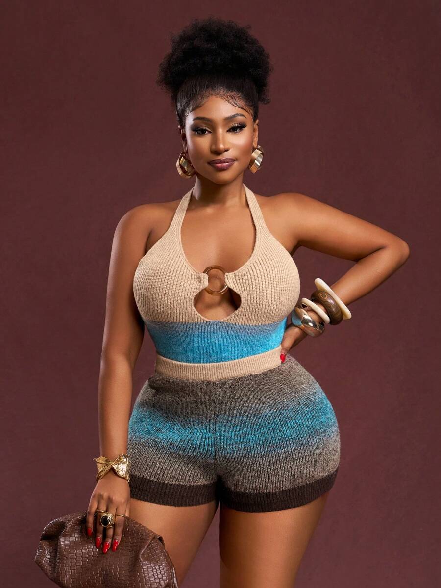 Veslaya 2 Pieces Set: 2025 Summer Beach Music Festival Gradient Plus Size Women Knit Hollow-Out Sexy Camisole And Shorts