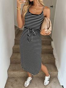 Easowa 休闲吊带条纹女式针织连衣裙 - 黑與白 - 查看 4