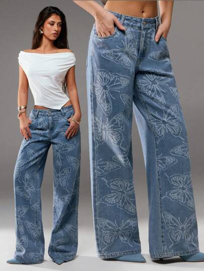 SHEIN Forever 21 夏季女士舞会/正式场合/海滩/度假/可爱/西式服装/商务休闲/优雅/生日/外出/夜店/办公室着装/音乐节/锐舞派对/工作服/高贵/乡村音乐会/早午餐/邮轮/老钱/机场/端庄/教堂/仙女风/妩媚/下午茶/千禧年/街头风/2000年代/迪斯科/春假/毕业典礼/婚礼宾客/鸡尾酒会/复古/紧身/度假/蝴蝶印花蓝色直筒牛仔裤