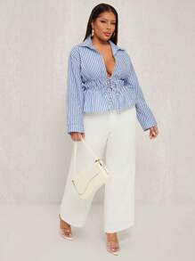 SHEIN SXY Camisa tejida a rayas con cordón elástico, elegante y sexy para uso diario y de oficina, adecuada para uso casual, cruceros, festivales de música, conciertos y fiestas de carnaval, talla grande para mujeres, primavera y verano