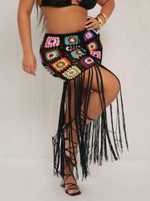 SHEIN SXY Falda de mujer talla grande de primavera y verano, elegante y sexy, de punto a ganchillo con cuadros multicolor y flecos extra largos, fluida y ceñida hasta la mitad, adecuada para uso diario, vestimenta occidental, Ibiza, Nashville, rave, modesta, atuendo de crucero, festival de música, concierto, fiesta de carnaval, vacaciones en la playa, cita, cumpleaños, despedida de soltera, club, linda, casual, compras, ropa de calle, salir, fácil de combinar y estiliza la figura. - Multicolor - Ver 1