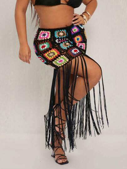 SHEIN SXY Plus Size Women's Spring&Summer Elegant Sexy Daily Basic Hand Knit Crochet Granny Check Multicolor Extra Long Tassel Sheer Vacation Flowing Slim Half Bodycon Skirt,Suitable For Everyday Wear, Western Wear,Ibiza,Nashville,Rave,Modest,Cruise Attire,Music Festival,Concert,Carnival Party,Beach Vacation,Date Night,Birthday,Bachelorette Party,Club,Cute,Casual,Shopping, Streetwear,Going Out,Easy To Match&Looks Slim,Accent Your Body,Flatter The Figure
