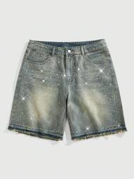 ROMWE MEN Street Life Street Life Men's  Fashionable Street Wear Rhinestone Button Denim Shorts