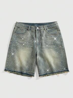 ROMWE MEN Street Life Street Life Men's  Fashionable Street Wear Rhinestone Button Denim Shorts
