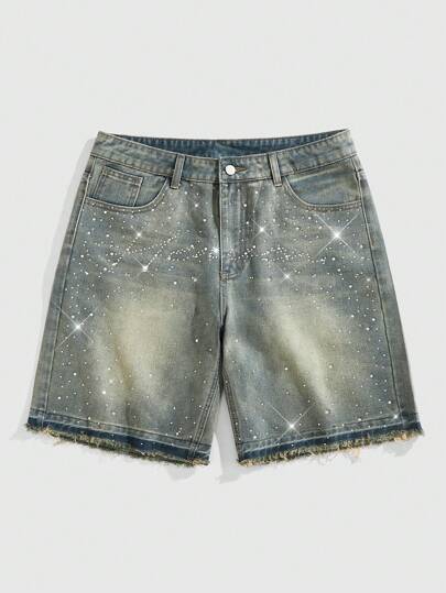 ROMWE MEN Street Life Street Life Men's  Fashionable Street Wear Rhinestone Button Denim Shorts