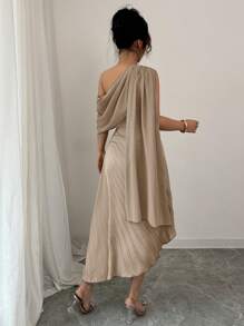 Rafferiza 女士春夏优雅飘逸细肩带褶皱连衣裙 - 卡其色 - 查看 2