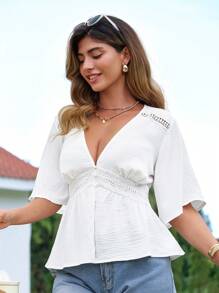 EMERY ROSE Blusa casual con parches florales para mujer talla grande con cinturilla y bajo acampanado, adelgazante y adecuada para uso diario y vacacional