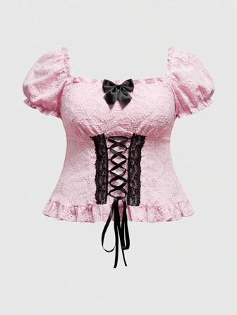 Kawaii Blusa con lazo decorativo y ajuste a la cintura, estilo princesa, tallas grandes