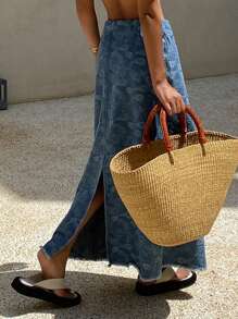 DAZY 女士夏季宽松休闲重工刺绣牛仔A字裙，返校季牛仔裙 - 藍色 - 查看 2