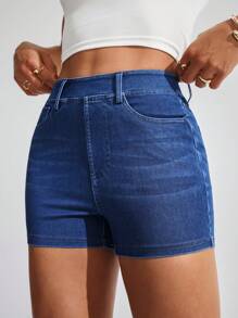 Flexra Women's High Waist Stretchy Casual Blue Denim Summer Shorts - Dark Wash - View 6