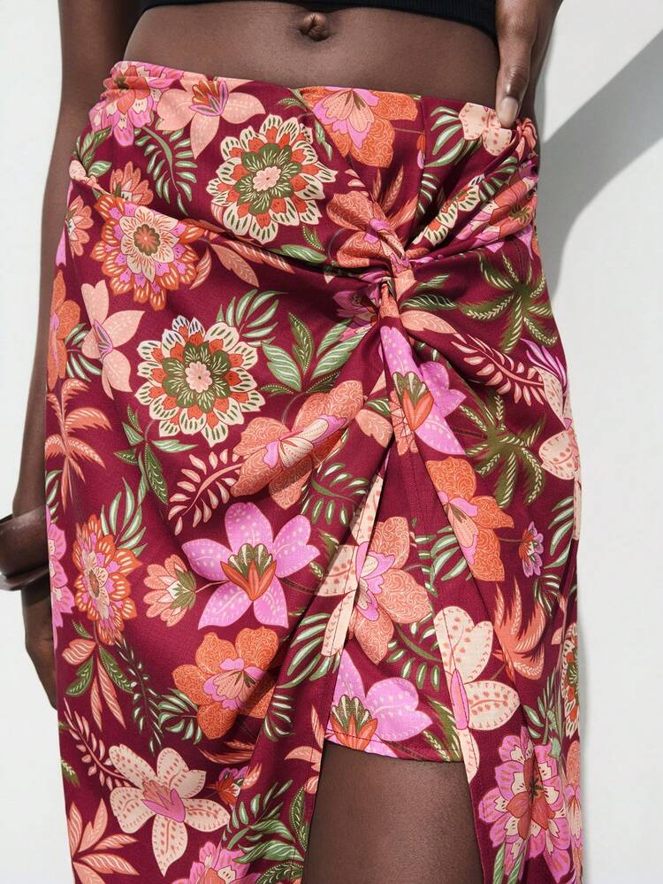 SHEIN Maija Women's Floral Print Twist Front Slit Hem Skirt, Vacation Wear Long Floral Skirt Wrap Around Skirt Maxi Skirt With Slit Resort Wear 2025 Sarong Skirt