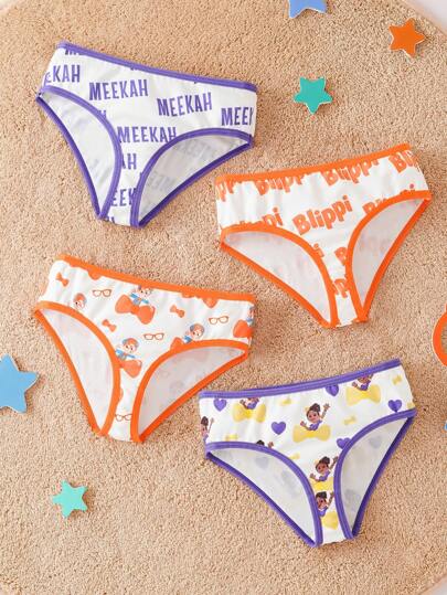 Blippi X SHEIN 4 pièces de jeune fille Sous-vêtements de culotte sans couture avec motifs de lettres et de dessins animés