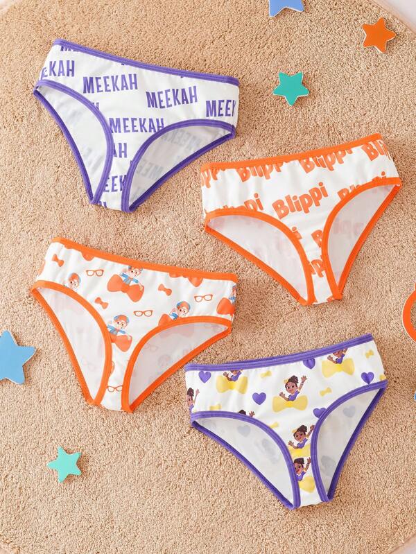 Blippi X SHEIN Niña joven 4 piezas de ropa interior de tanga sin costuras con estampado de letras y dibujos animados