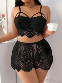 Plus Size Sexy Revealing Lace Bra Top And Shorts Pajama Set