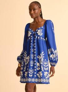 CAJUNI Women's Boho Tropical Print Long Puff Sleeve Cutout Front Short Dress, Casual Summer Holiday Dress - Multicolor - View 3