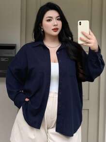 Dazy Plus Plus Size Plain Color Lapel Collar Pocket Loose Long Sleeve Dark Shirt Fall - Navy Blue - View 4
